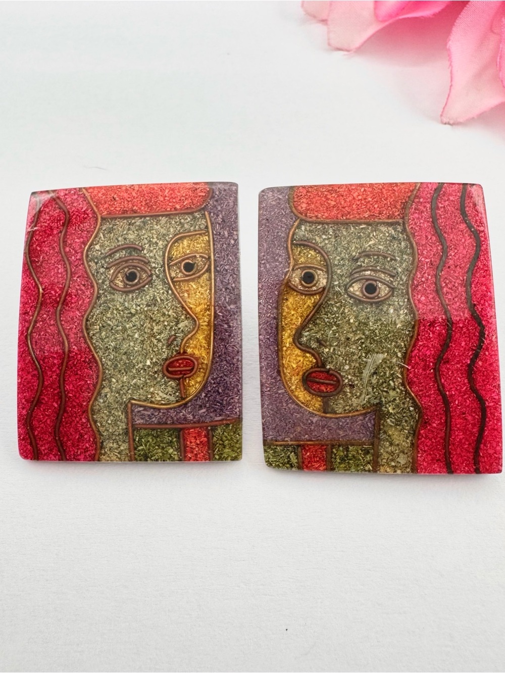 Vintage Picasso Style Cubist Faces In Resin Stud Earrings Artsy Art Teacher